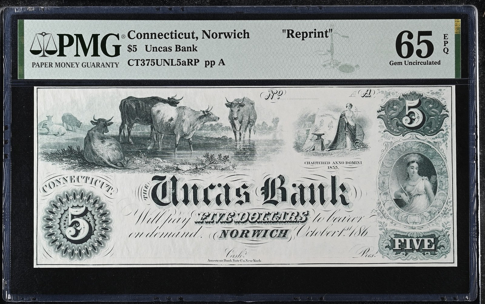 Connecticut Norwich Reprint 1-5$ Obsolete Bank Note UNC PMG 65 66 EPQ Set 3 pcs