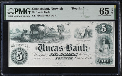 Connecticut Norwich Reprint 1-5$ Obsolete Bank Note UNC PMG 65 66 EPQ Set 3 pcs