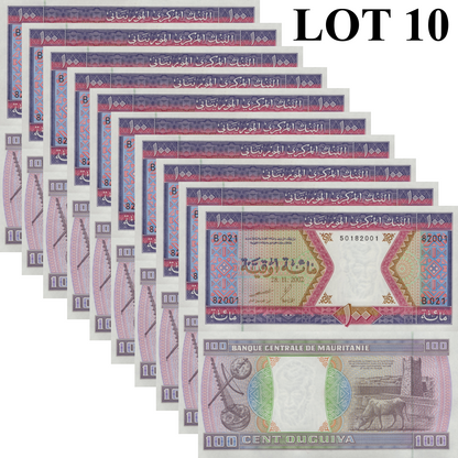 Mauritania 100 Ouguiya 2002 P 4k UNC 1/10 Bundle Lot 10 pcs