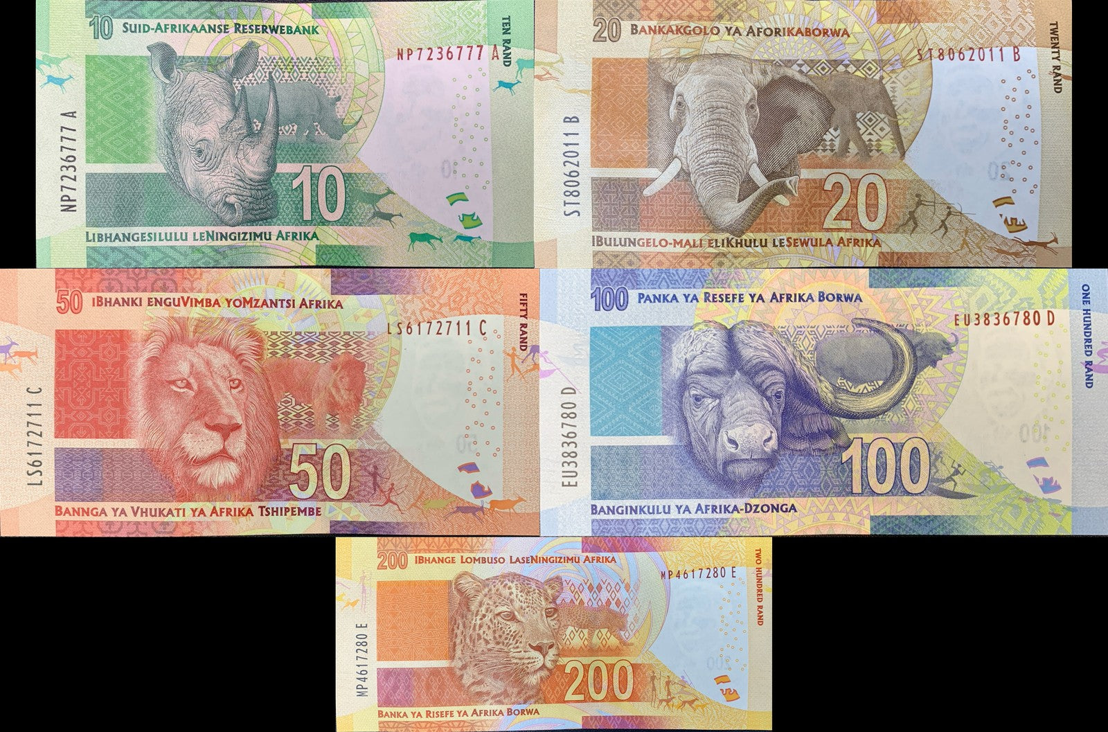 South Africa 10 20 50 100 200 Rand 2013-2016 P 138b 139b 140b-142b UNC Set 5 pcs