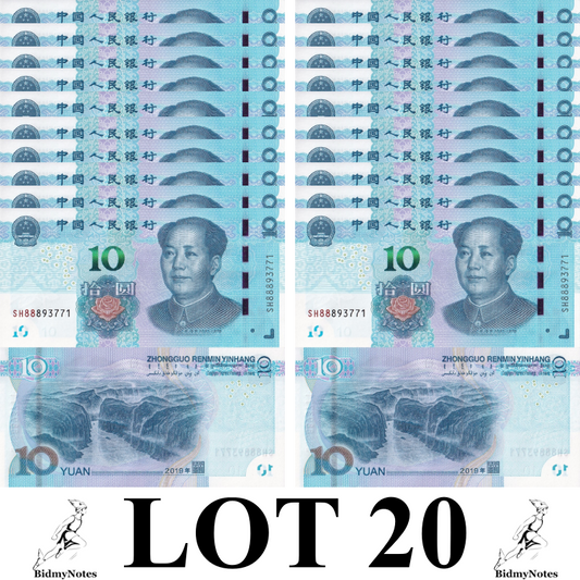 China 10 Yuan 2019 P 914 UNC 1/5 Bundle LOT 20 pcs