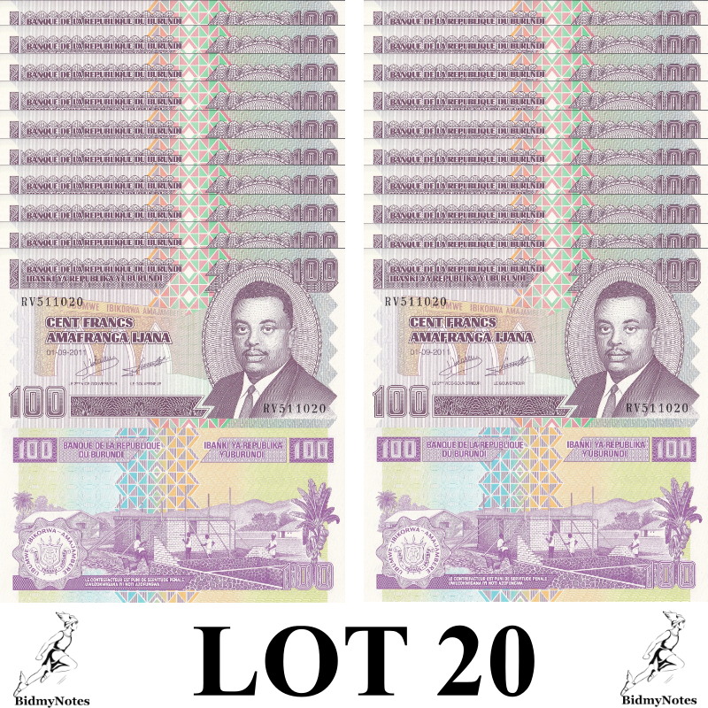 Burundi 100 Amafranga 2011 P 44b UNC 1/5 Bundle LOT 20 pcs