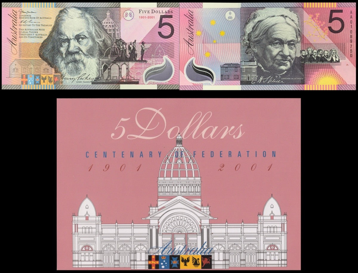Australia 5 Dollars 1901-2001 P 56b Polymer UNC COMM. AA Prefix With Folder