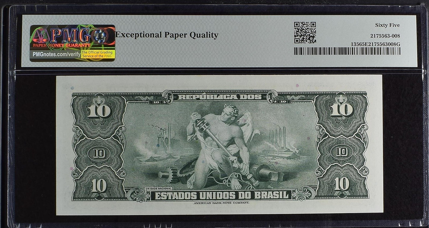 Brazil 10 Cruzeiros 1943 P 135 UNC PMG 65 EPQ Hand Sign Serie 292A 3rd TOP POP