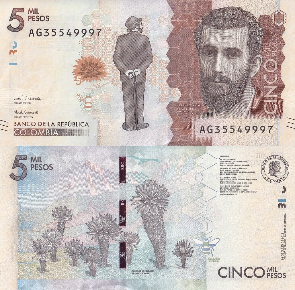 Colombia 5000 Pesos 2018(2020) P 459 UNC Prefix AG