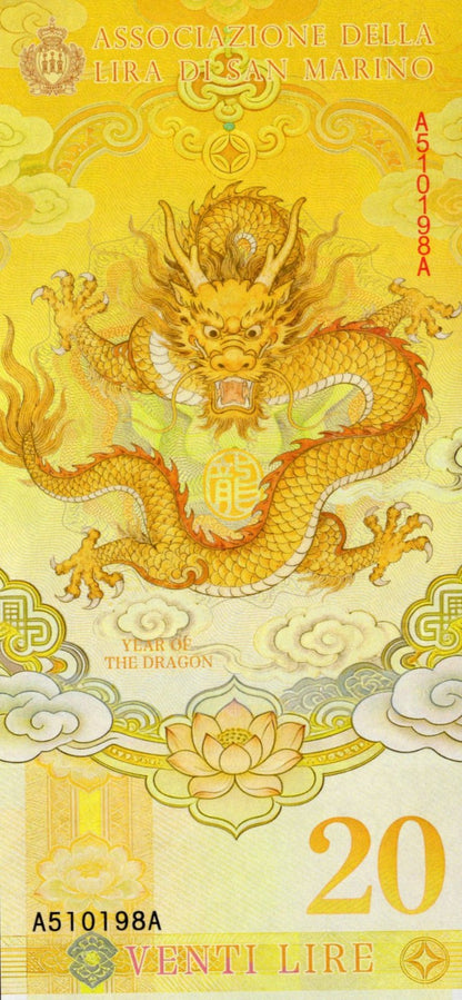 San Marino TEST NOTE 20 Lire 2024 Year of Dragon Commemorative Banknote UNC