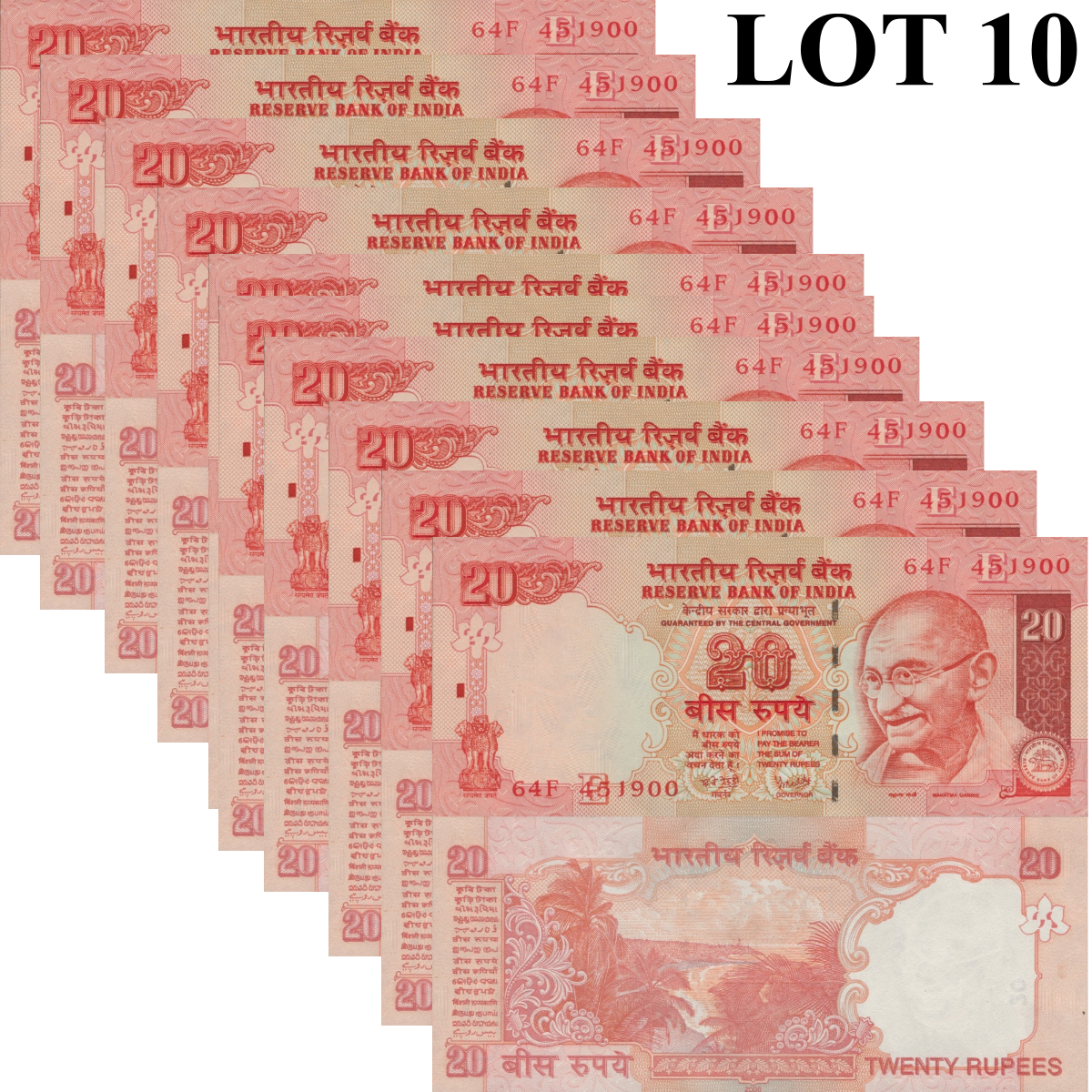 India 20 Rupees 2008 P 96f UNC 1/10 Bundle Lot 10 pcs