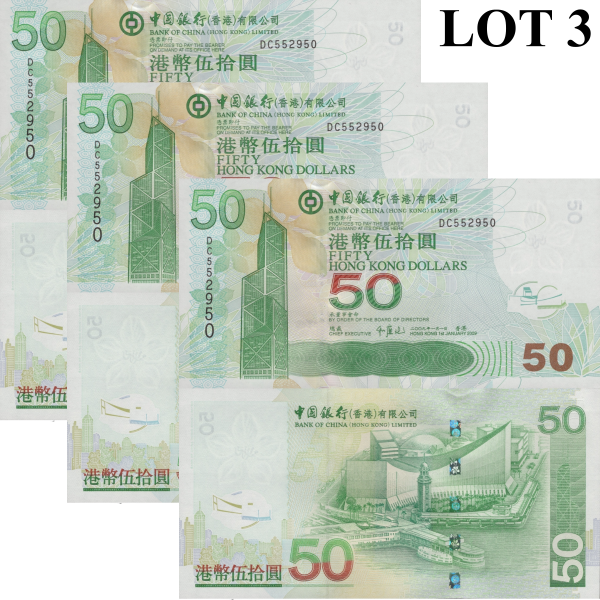 Hong Kong 50 Dollars 2009 P 336f UNC BOC Lot 3 pcs
