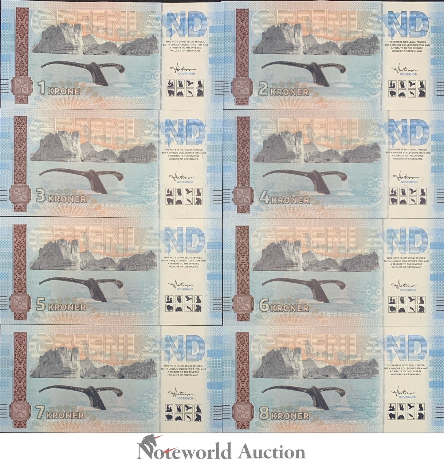 Greenland Complete set of Eight Souvenir Note UNC Test Note Set 8 pcs