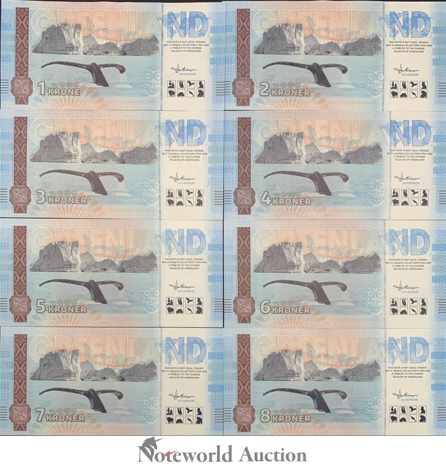 Greenland Complete set of Eight Souvenir Note UNC Test Note Set 8 pcs