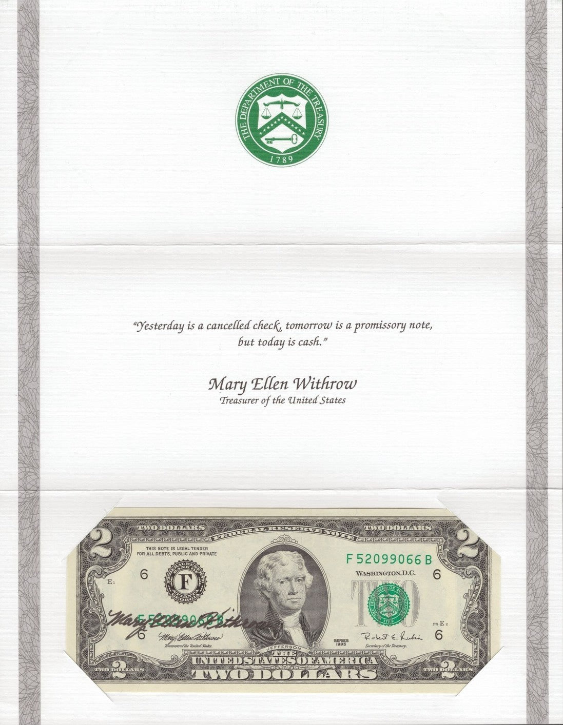 United States USA 2 Dollars 1995 P 497 "F" Atlanta GA With Hand Signed UNC W/F