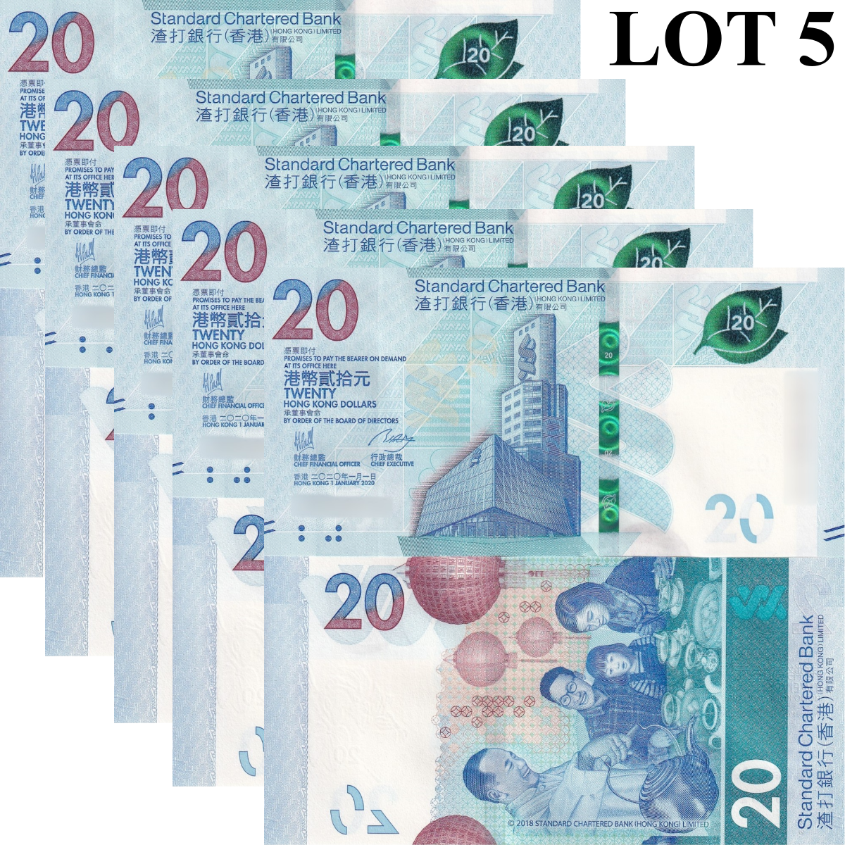 Hong Kong 20 Dollars 2020 P 302 UNC SCB 1/20 Bundle Lot 5 pcs