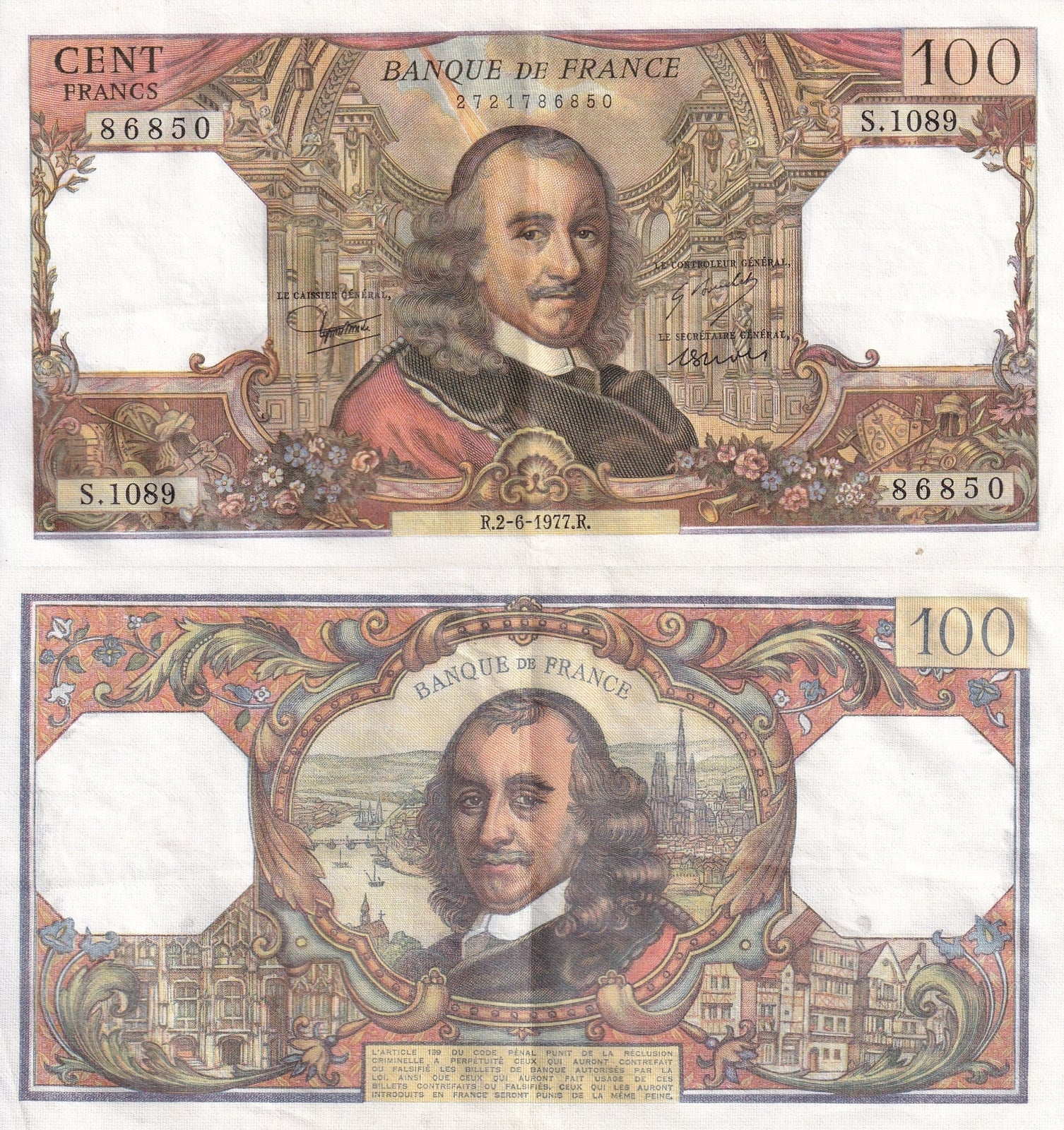 France 100 Francs 1977 P 149f EF W/Hole