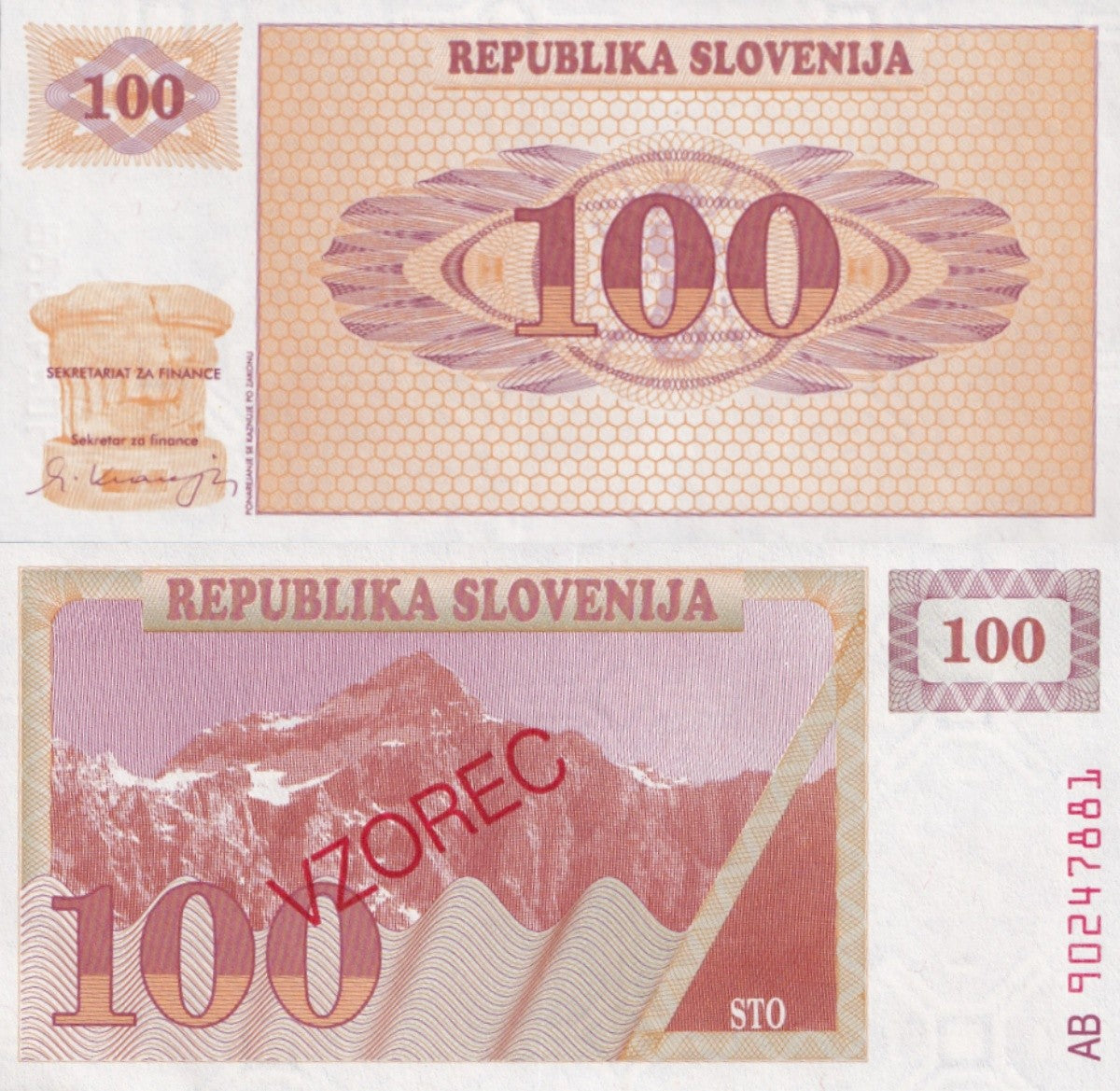 Slovenia 100 Tolarjev 1990 P 6 UNC SPECIMEN 1/10 Bundle Lot 10 pcs