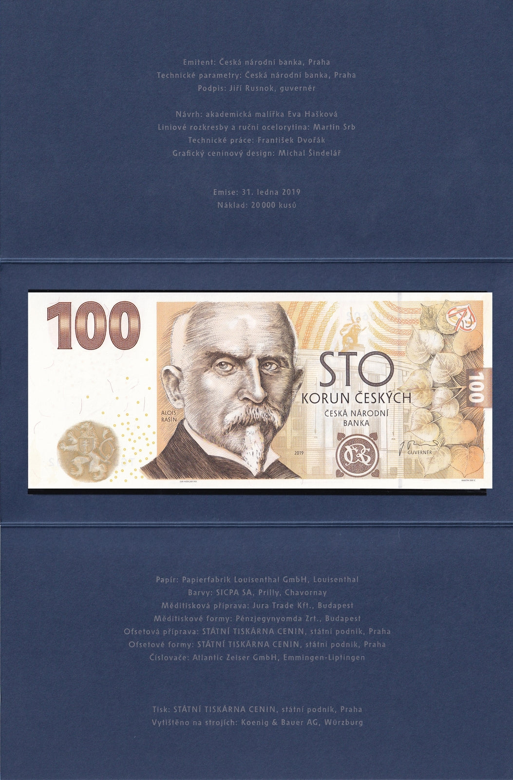  Czech Republic 100 Korun 2019 P 29 UNC 100th Annv W/Folder LOW S/N 000602