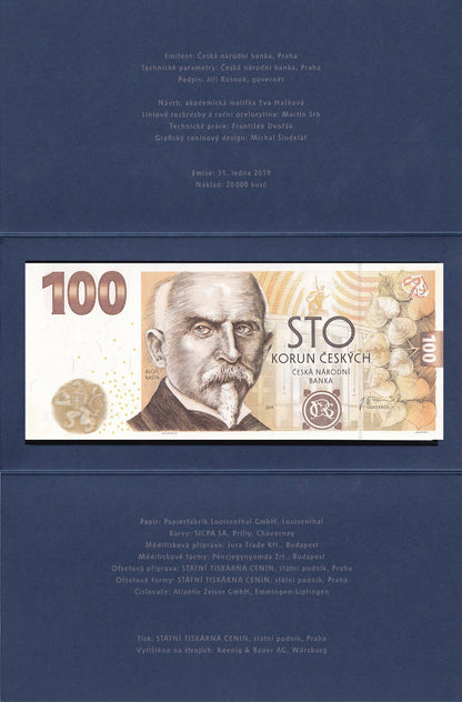  Czech Republic 100 Korun 2019 P 29 UNC 100th Annv W/Folder LOW S/N 000602