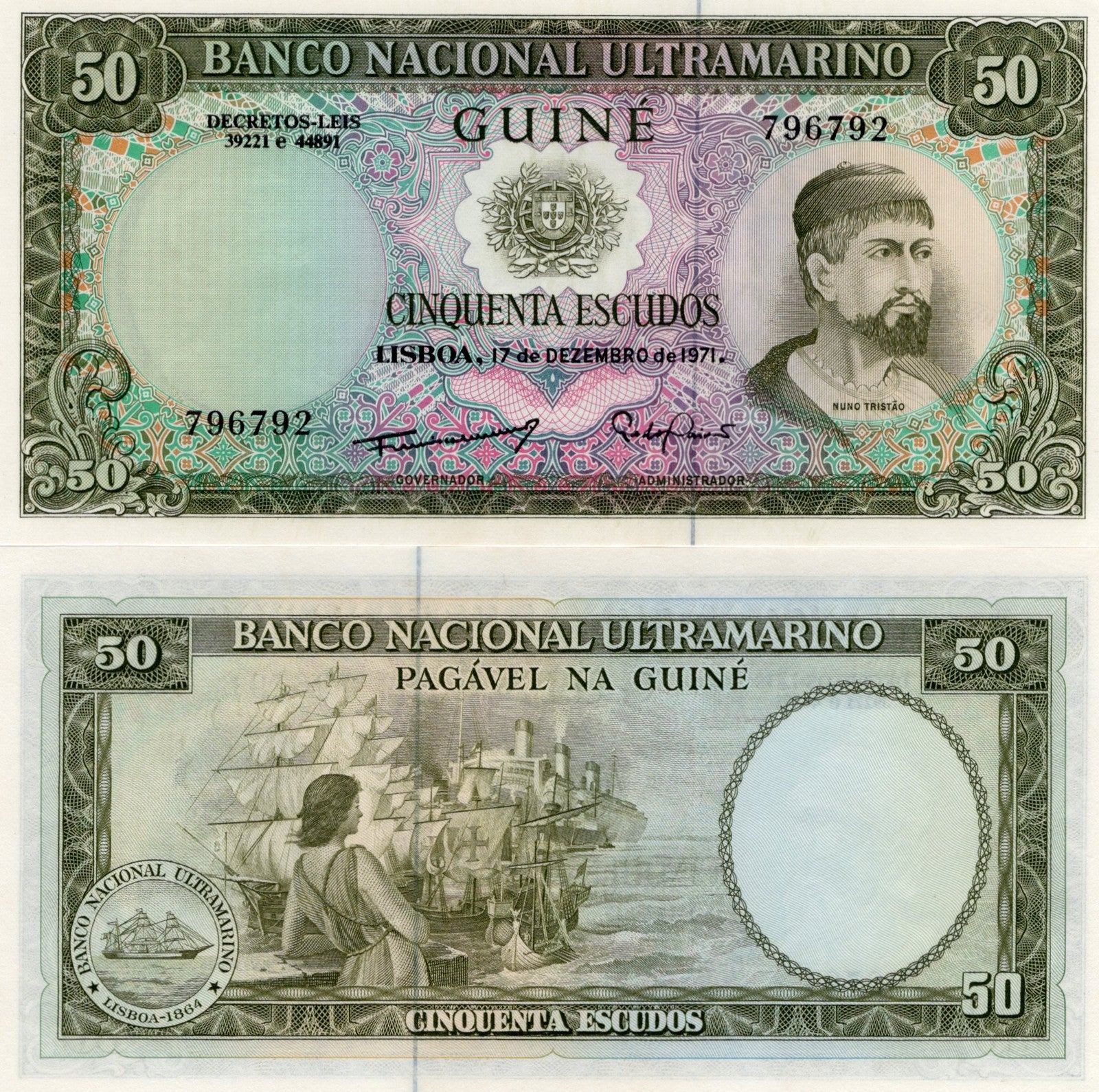 Portuguese Guinea 50 Escudos 1971 P 44 Random Sign UNC MINOR FOXING