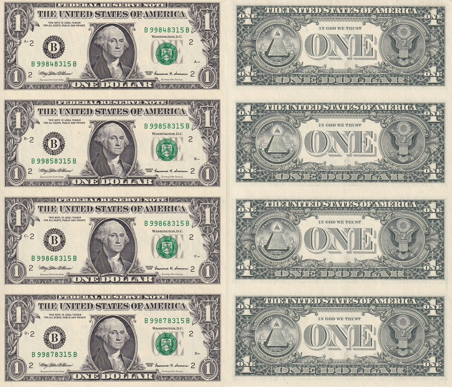 United States USA 1 Dollar 1999 P 504 "B" New York NY UNC UNCUT 4 IN 1