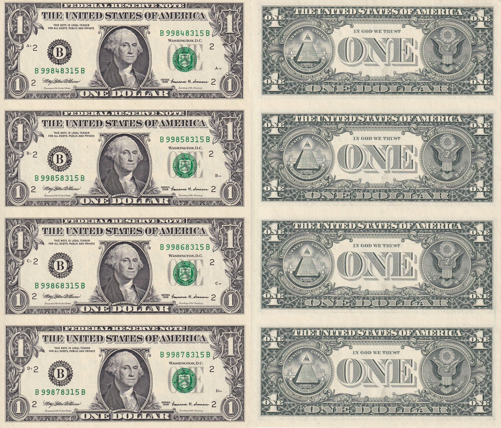 United States USA 1 Dollar 1999 P 504 "B" New York NY UNC UNCUT 4 IN 1