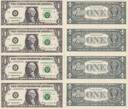 United States USA 1 Dollar 1999 P 504 "B" New York NY UNC UNCUT 4 IN 1