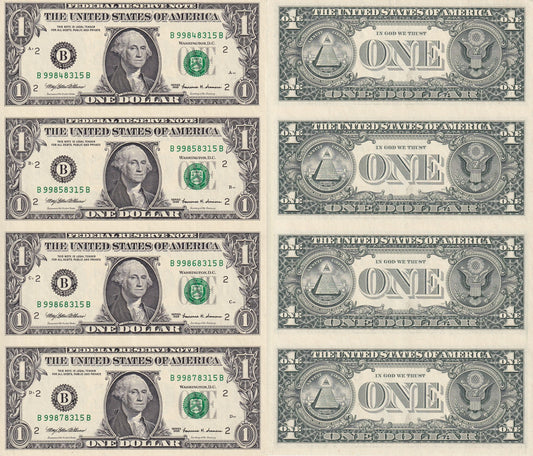 United States USA 1 Dollar 1999 P 504 "B" New York NY UNC UNCUT 4 IN 1