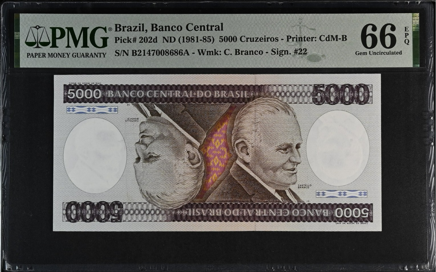 Brazil 5000 Cruzeiros ND (1981-85) P 202d UNC PMG 66 EPQ 2nd TOP POP