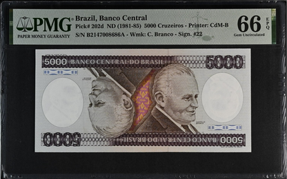 Brazil 5000 Cruzeiros ND (1981-85) P 202d UNC PMG 66 EPQ 2nd TOP POP