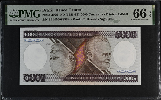 Brazil 5000 Cruzeiros ND (1981-85) P 202d UNC PMG 66 EPQ 2nd TOP POP