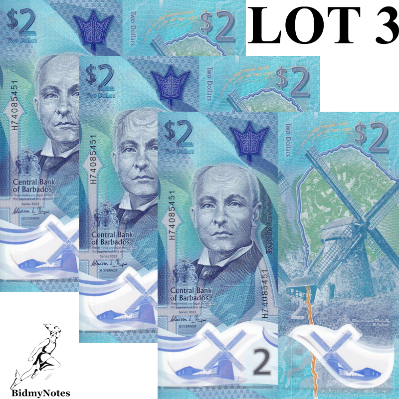Barbados 2 Dollars 2022 P 80 Polymer UNC LOT 3 pcs