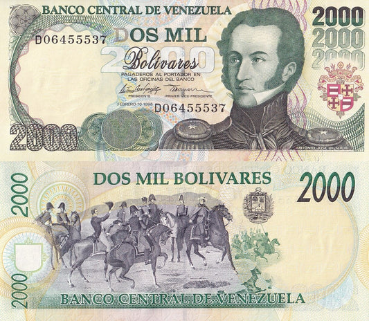 Venezuela 2000 Bolivares 1998 P 77b UNC -Foxing