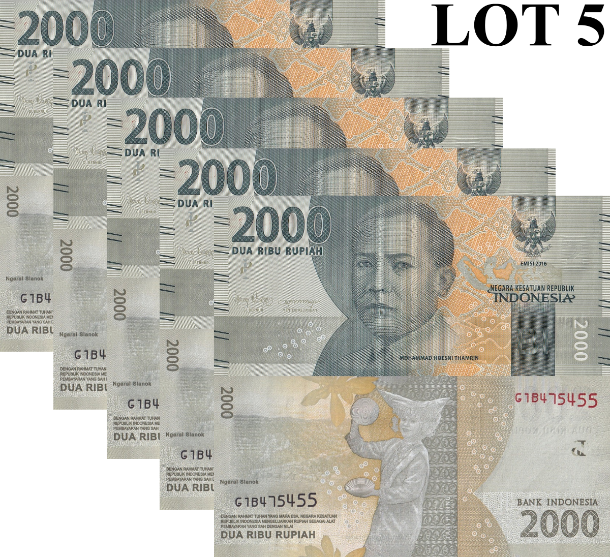 Indonesia 2000 Rupiah 2016/2018 P 155c UNC 1/20 Bundle Lot 5 pcs