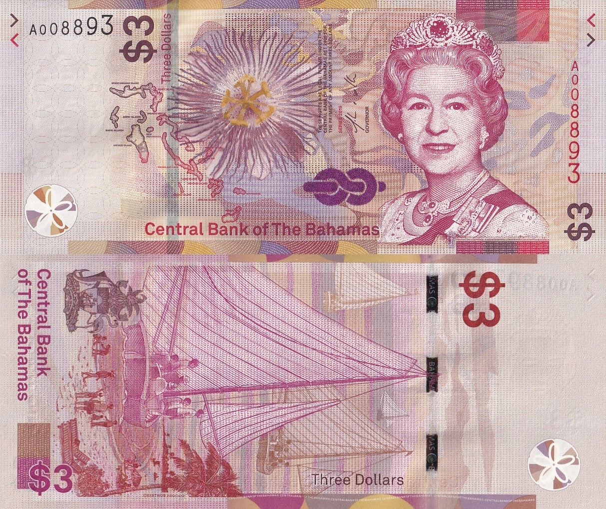 Bahamas 3 Dollars 2019 P 78 UNC LOW Serial No. 00XXXX