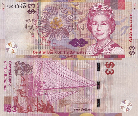 Bahamas 3 Dollars 2019 P 78 UNC LOW Serial No. 00XXXX