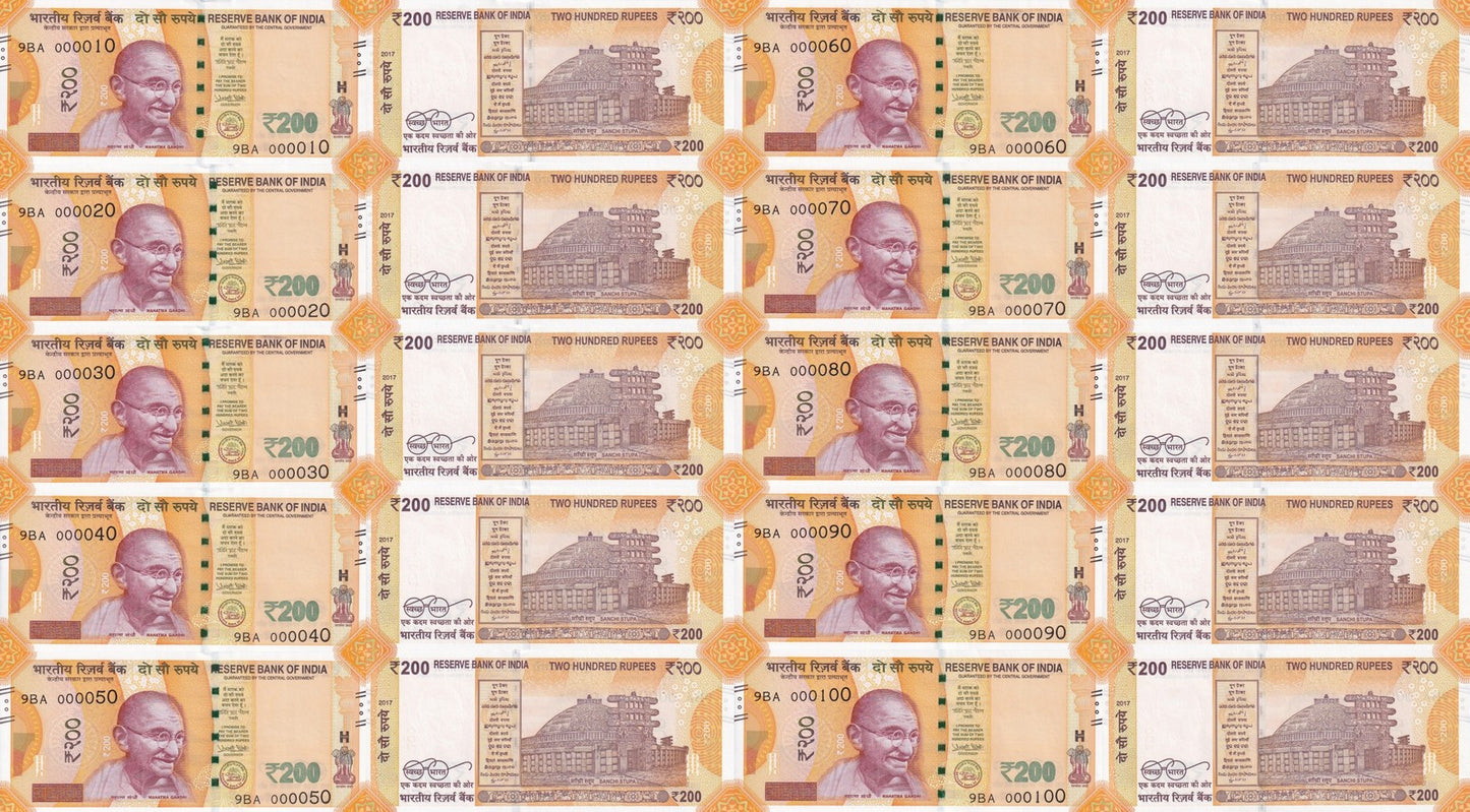 India 200 Rupees 2017 P 113 UNC Set 10 p Match Prefix 9BA LOW S/N 000010-000100