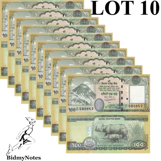 Nepal 100 Rupees 2019 P 80 UNC Rhino 1/10 Bundle LOT 10 pcs