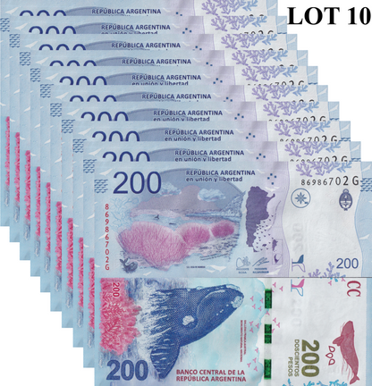Argentina 200 Pesos 2023 P 364 UNC 1/10 Bundle Lot 10 pcs