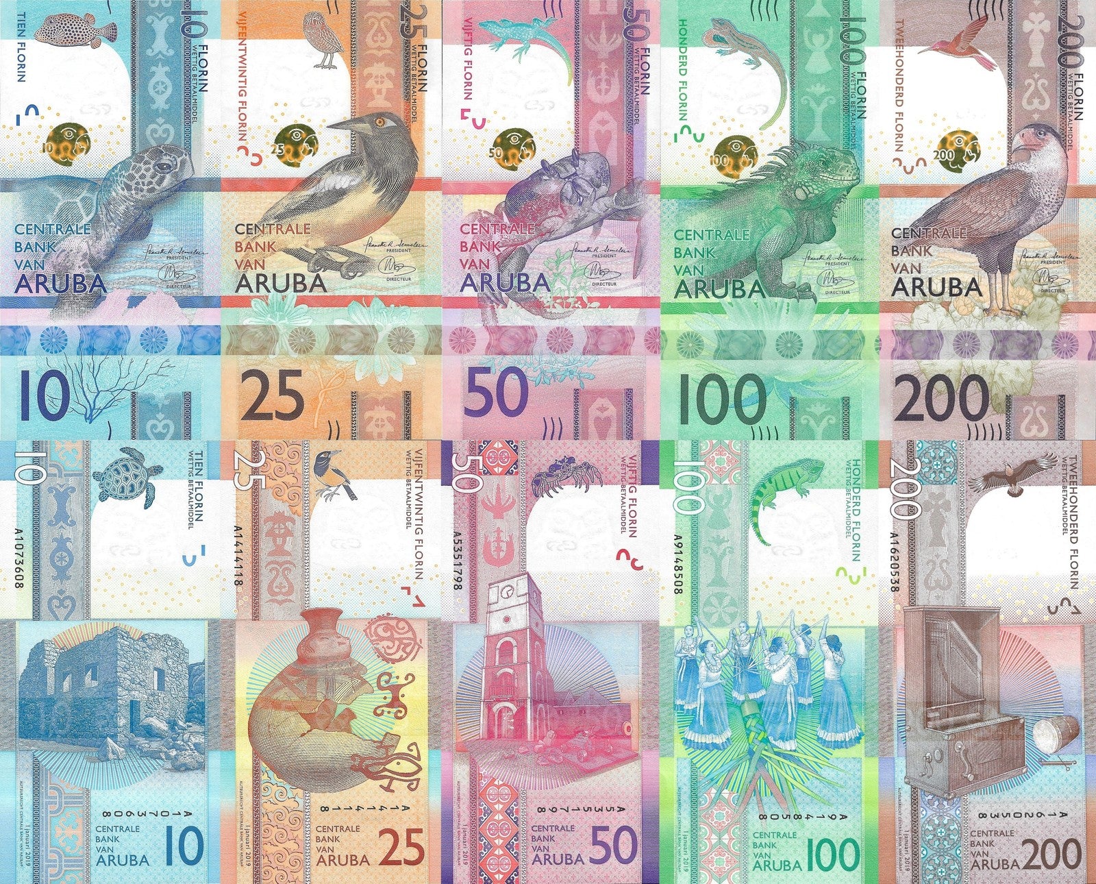 Aruba 10 25 50 100 200 Florin 2019 P 21 22 23 24 25 UNC Set 5 pcs A First Prefix