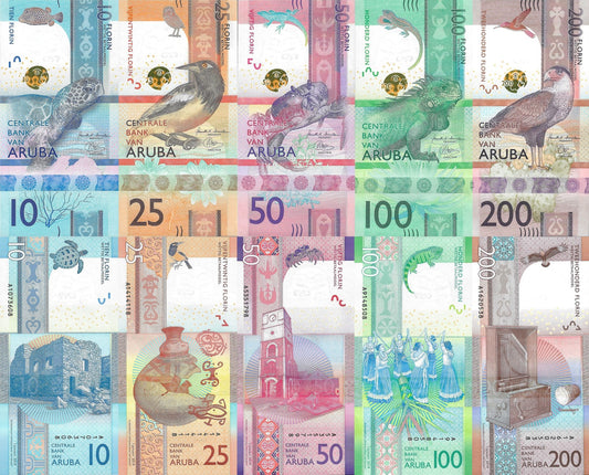Aruba 10 25 50 100 200 Florin 2019 P 21 22 23 24 25 UNC Set 5 pcs A First Prefix