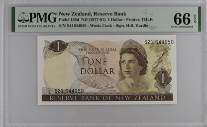 New Zealand Reserve Bank 1 Dollar 1977-81 P 163d UNC PMG 66 EPQ 3rd TOP POP