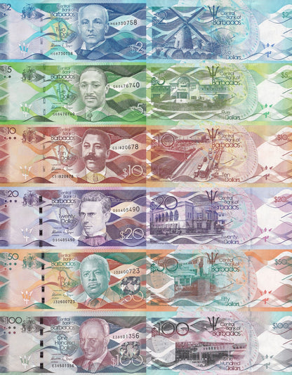 Barbados 2 5 10 20 50 100 Dollars 2018 P 73 74 75 76 77 78 UNC Set 6 pcs
