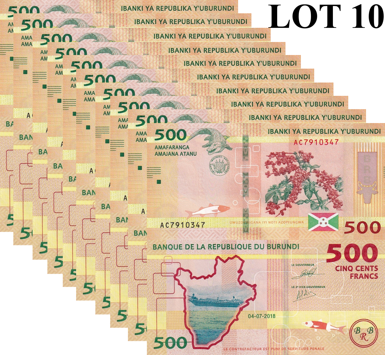 Burundi 500 Francs 2018 P 50 UNC 1/10 Bundle Lot 10 pcs