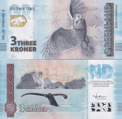 Greenland Souvenir Note 3 Krone Snowy Owl UNC Test Note