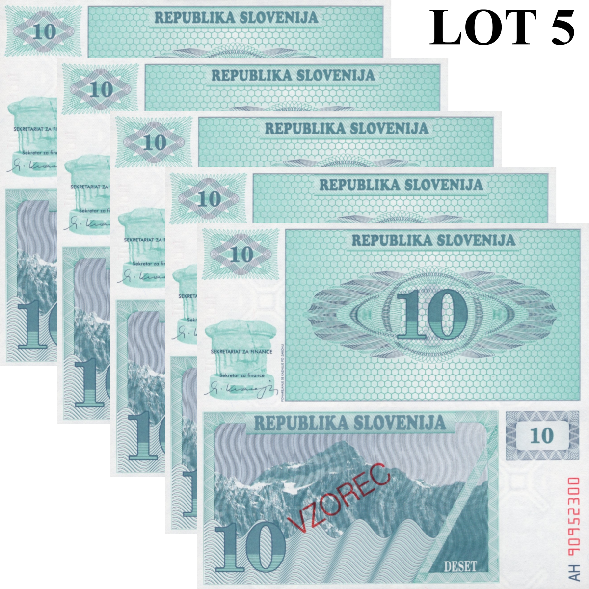 Slovenia 10 Tolarjev 1990 P 4 UNC Specimen 1/20 Bundle Lot 5 pcs