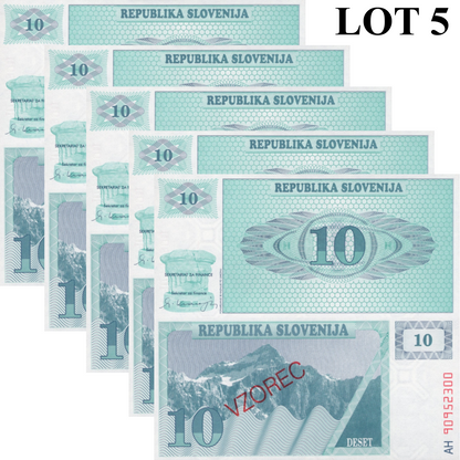 Slovenia 10 Tolarjev 1990 P 4 UNC Specimen 1/20 Bundle Lot 5 pcs