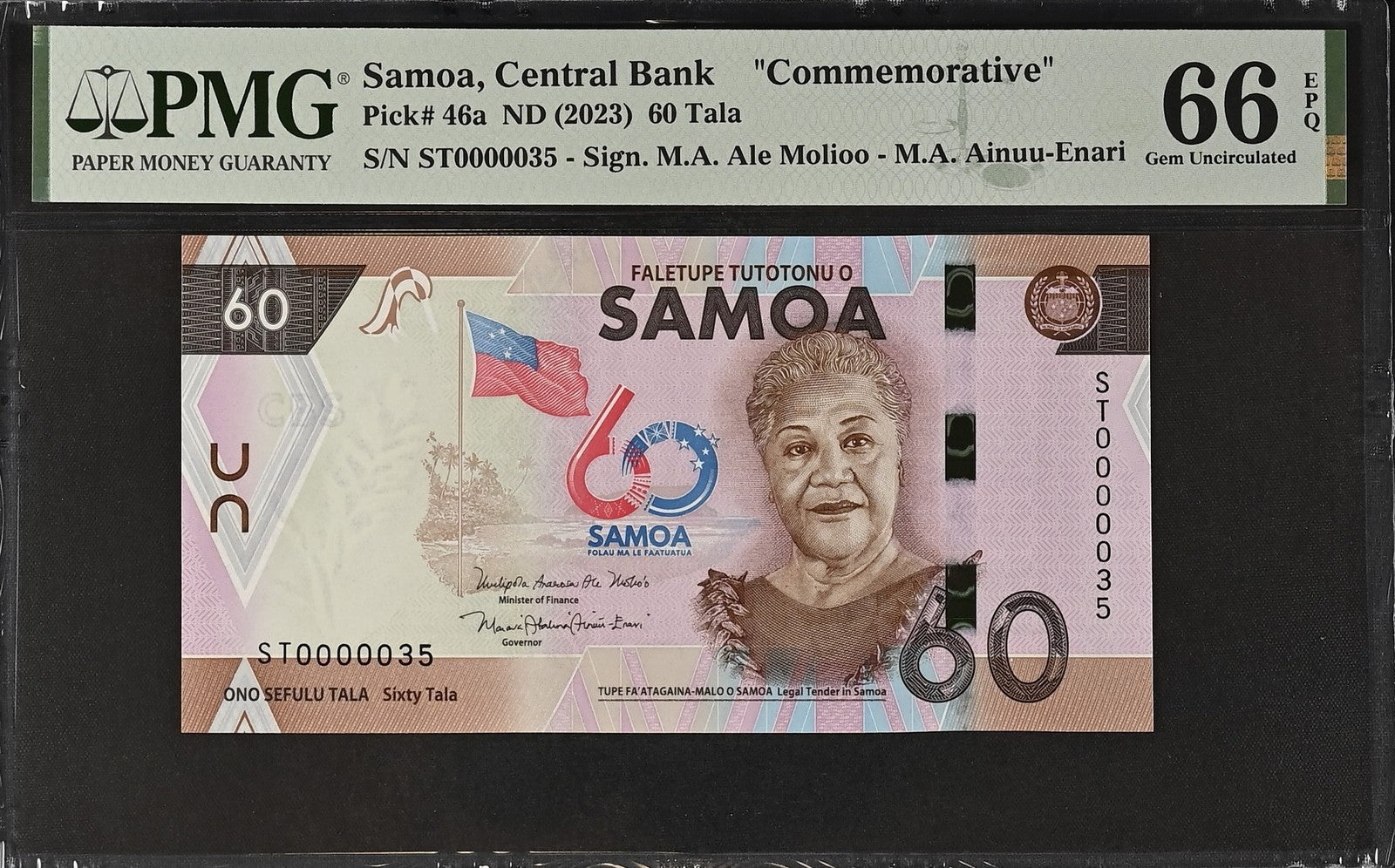 Samoa Commemorative 60 Tala ND (2023) P 46a UNC PMG 66 EPQ LOW S/N 0000035