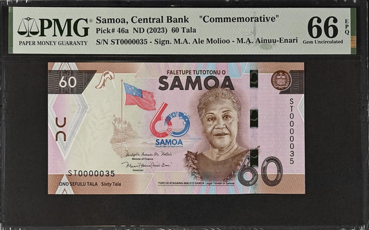 Samoa Commemorative 60 Tala ND (2023) P 46a UNC PMG 66 EPQ LOW S/N 0000035
