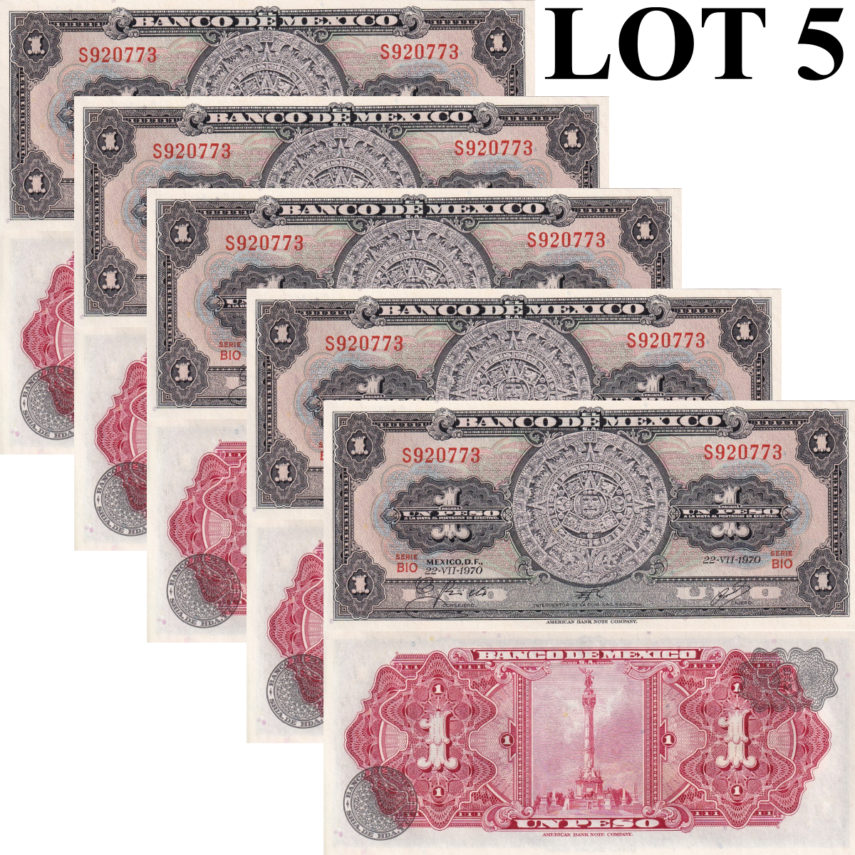 Mexico 1 Peso 1970 P 59l UNC 1/20 Bundle Lot 5 pcs