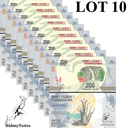 Madagascar 200 Ariary ND 2017 P 98 UNC 1/10 Bundle LOT 10 pcs
