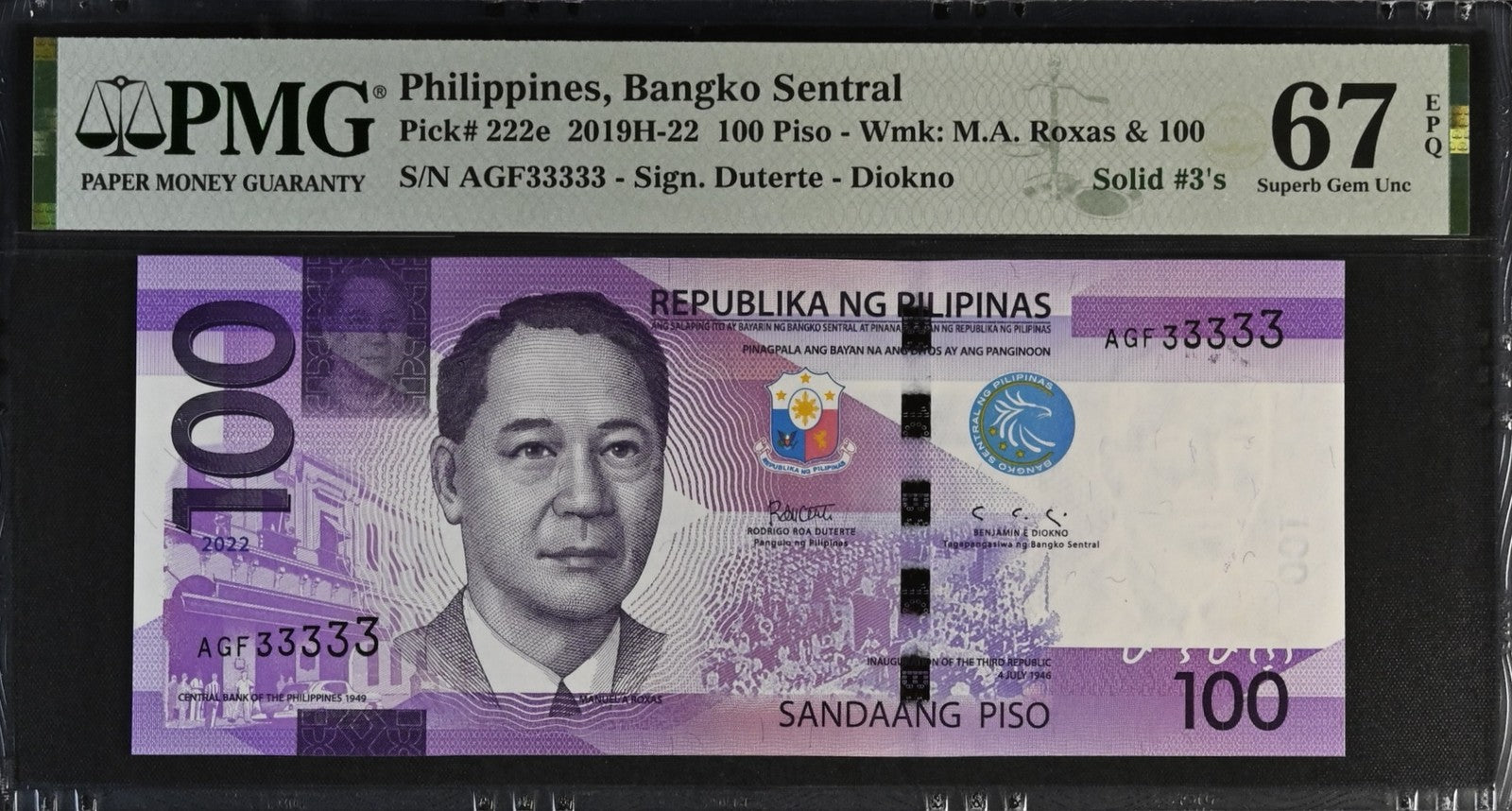 Philippines 100 Piso 2019 P 222e UNC PMG 67 EPQ SOLID 3 - 33333 3rd TOP POP