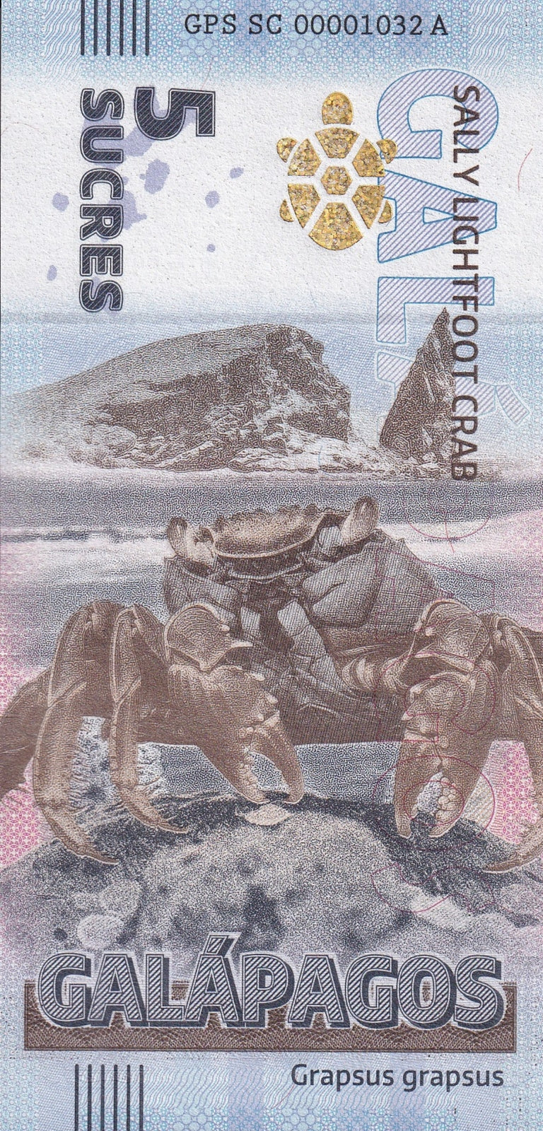 Galapagos Souvenir Note 5 Sucres Sally Lightfoot Crab UNC Test Note